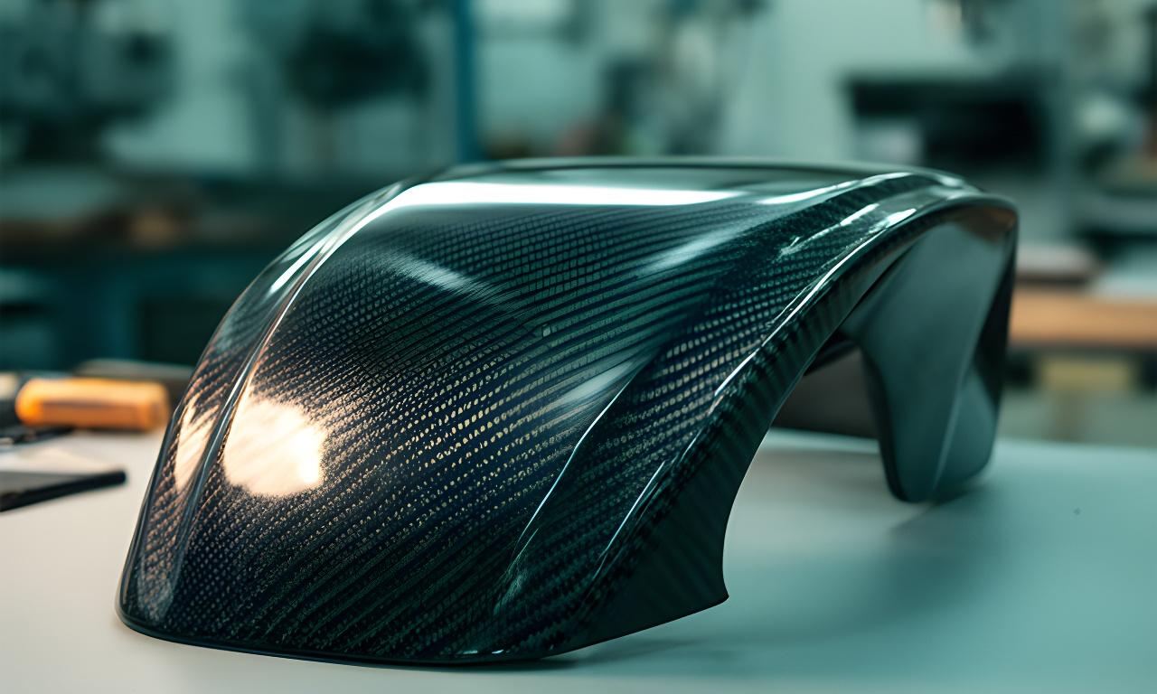 Componente de fibra de carbono brillante sobre una mesa de taller con iluminación suave y fondo industrial desenfocado