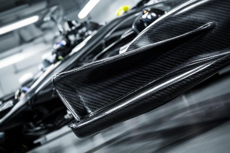 Deflector aerodinámico de fibra de carbono instalado en un monoplaza de competición dentro de un taller de automovilismo