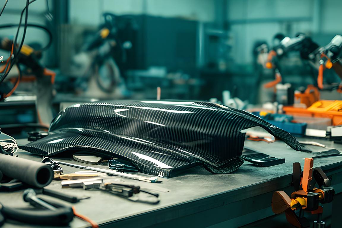 Mesa de trabajo con componentes de fibra de carbono en un taller luminoso de Lanús Oeste