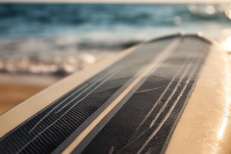 Tabla de surf personalizada con refuerzos estructurales de fibra de carbono apoyada junto al mar