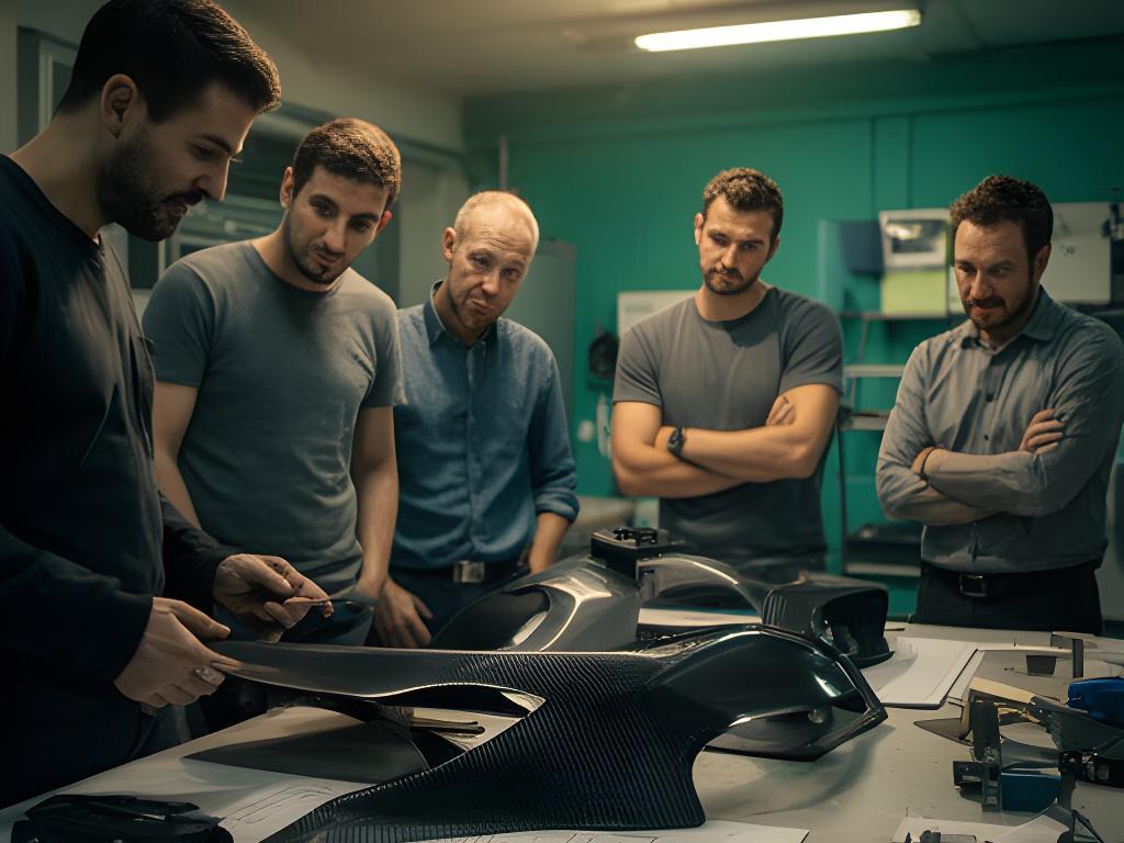 Equipo técnico revisando planos junto a una mesa con componentes de fibra de carbono