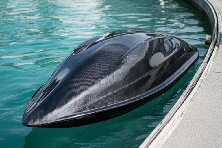Carenado personalizado de moto de agua en fibra de carbono con acabado de alto brillo junto al borde del agua