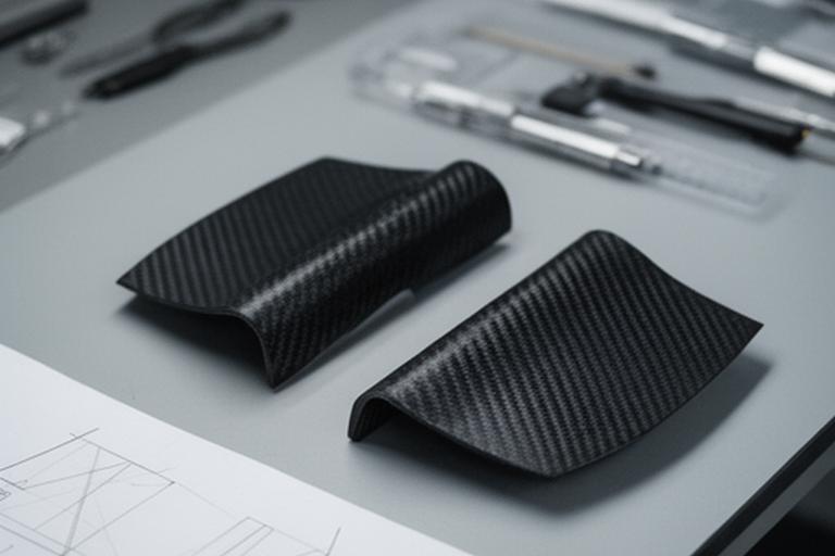 Componentes estructurales de fibra de carbono para un dron aeroespacial montados sobre una mesa técnica con planos