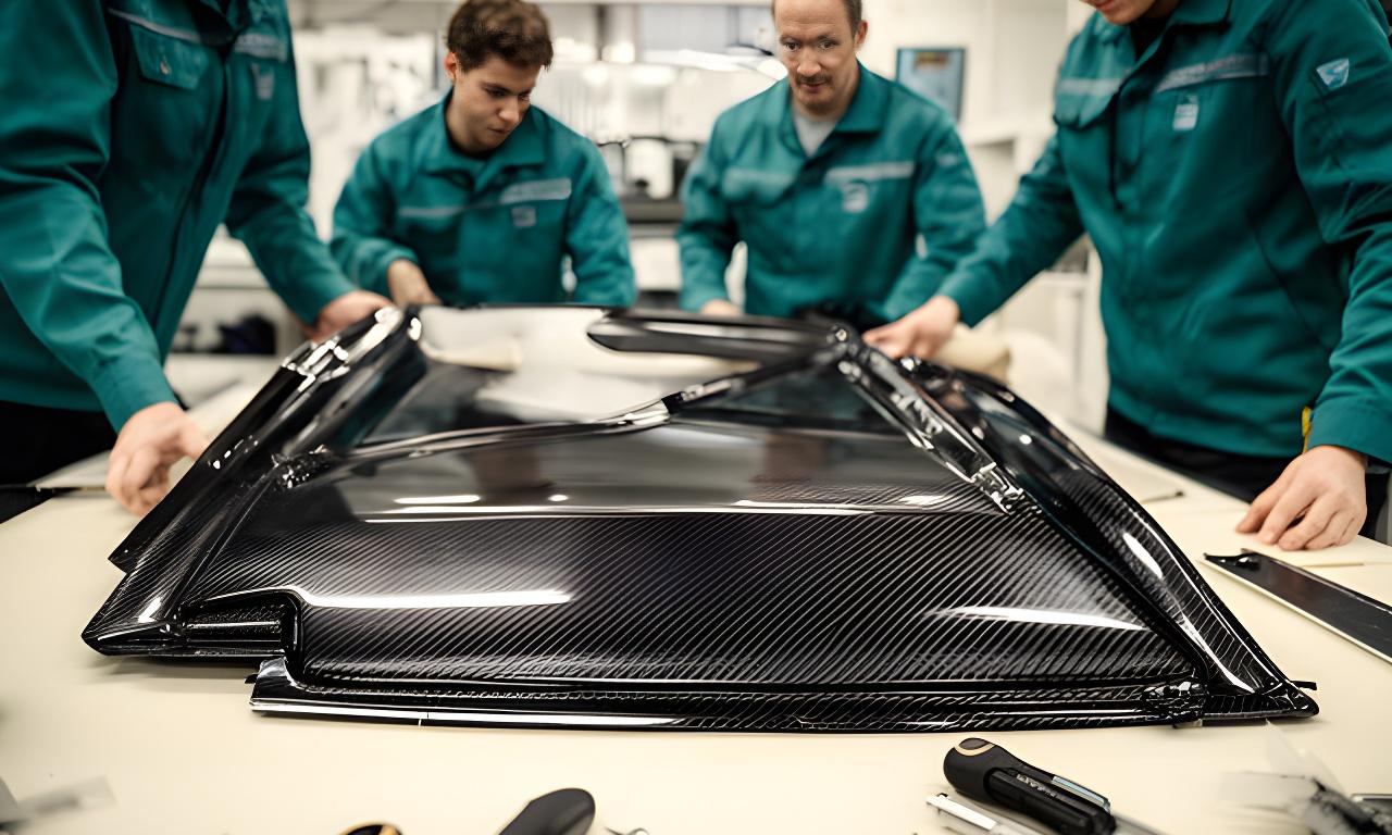 Técnicos inspeccionando un panel de fibra de carbono en una mesa de trabajo iluminada