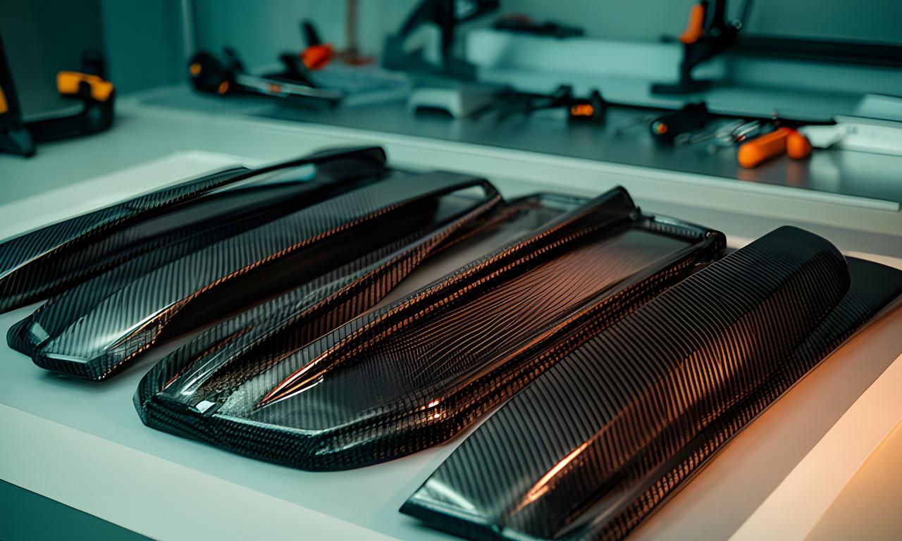 Componentes de fibra de carbono en una mesa de diseño industrial con iluminación suave y acabado técnico